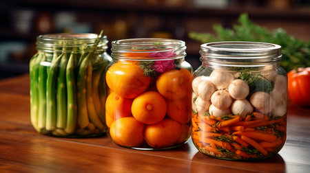 preservation of vegetables and cucumbers in glass jars, preparations for the winter, a low-calorie tasty vegetable for a healthy snack. Generative AIの素材