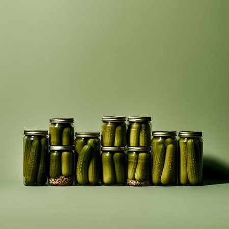 preservation of vegetables and cucumbers in glass jars, preparations for the winter, a low-calorie tasty vegetable for a healthy snack. Generative AIの素材