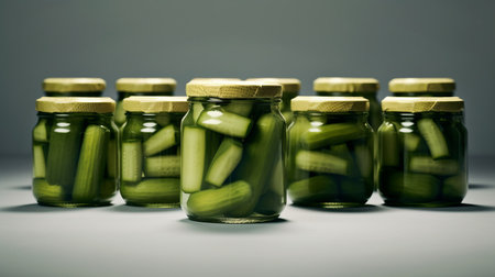 preservation of vegetables and cucumbers in glass jars, preparations for the winter, a low-calorie tasty vegetable for a healthy snack. Generative AIの素材