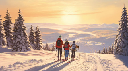 Skiing, family holidays in snow-capped mountains, winter resort on an alpine slope, recreational ski orienteering. Generative AIの素材