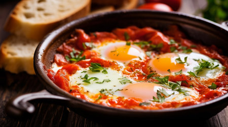scrambled eggs with yolk in a pan with tomatoes. shakshuka recipe with herbs and cheeses. Diet protein breakfast. Generative AIの素材