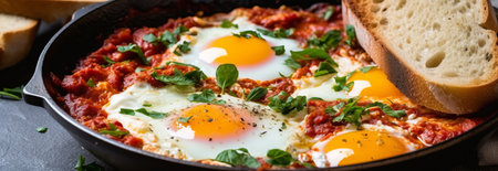 scrambled eggs with yolk in a pan with tomatoes. shakshuka recipe with herbs and cheeses. Diet protein breakfast. Generative AIの素材
