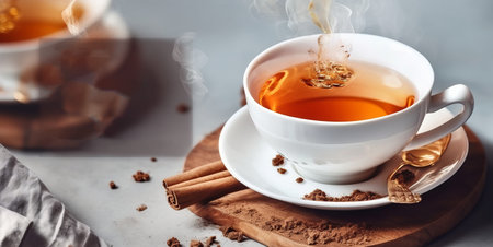 tea, delicious hot drink in a white cup with lemon, promo banner for advertising. Minimalistic background with tea leaves. copyspace. Generative AIの素材