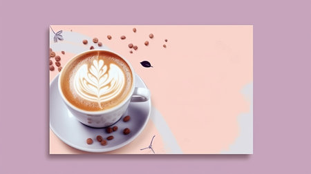coffee, delicious hot drink in a white cup with coffee beans, promo banner for advertising. Minimal background. copyspace.Generative AIの素材