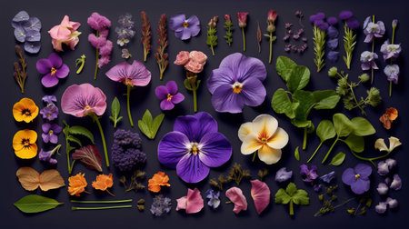flatlay layout of lavender, elements of various sizes and types of plants, floral purple background, top view. Generative AI.の素材