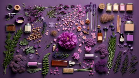 flatlay layout of lavender, elements of various sizes and types of plants, floral purple background, top view. Generative AI.の素材