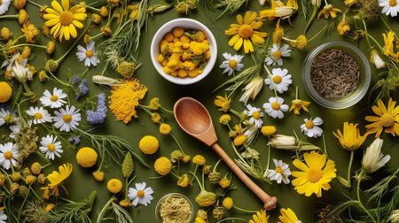 flatlay layout of a chamomile flower, elements of medicinal plants and herbs of various sizes and types, dark floral background, top view. Generative AI.の素材
