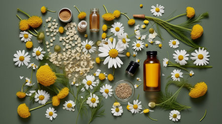 flatlay layout of a chamomile flower, elements of medicinal plants and herbs of various sizes and types, dark floral background, top view. Generative AI.の素材