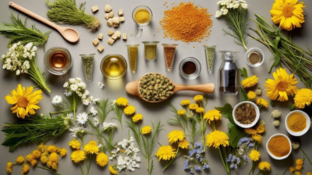flatlay layout of a chamomile flower, elements of medicinal plants and herbs of various sizes and types, dark floral background, top view. Generative AI.の素材