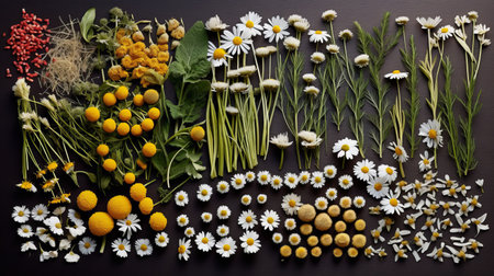 flatlay layout of a chamomile flower, elements of medicinal plants and herbs of various sizes and types, dark floral background, top view. Generative AI.の素材