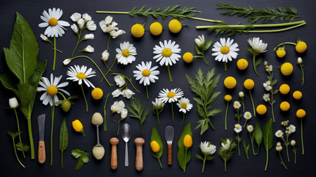 flatlay layout of a chamomile flower, elements of medicinal plants and herbs of various sizes and types, dark floral background, top view. Generative AI.の素材
