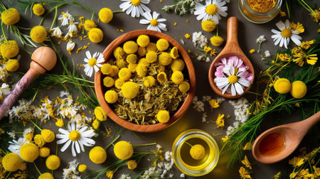 flatlay layout of a chamomile flower, elements of medicinal plants and herbs of various sizes and types, dark floral background, top view. Generative AI.の素材
