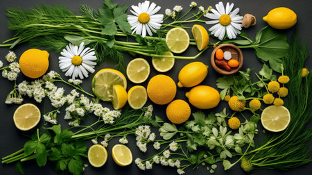 flatlay layout of a chamomile flower, elements of medicinal plants and herbs of various sizes and types, dark floral background, top view. Generative AI.の素材