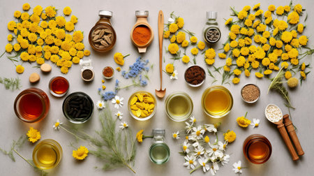 flatlay layout of a chamomile flower, elements of medicinal plants and herbs of various sizes and types, dark floral background, top view. Generative AI.の素材