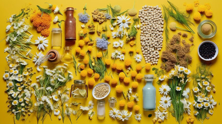 flatlay layout of a chamomile flower, elements of medicinal plants and herbs of various sizes and types, dark floral background, top view. Generative AI.の素材