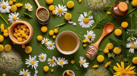 flatlay layout of a chamomile flower, elements of medicinal plants and herbs of various sizes and types, dark floral background, top view. Generative AI.の素材