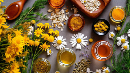 flatlay layout of a chamomile flower, elements of medicinal plants and herbs of various sizes and types, dark floral background, top view. Generative AI.の素材