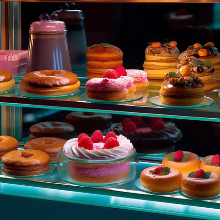 Sweet pastries with berries. Showcase in a candy store. Glass stand with cake eclairs and tartlets. refrigerator shelves with sweets. Confectioner's work space. Generative AIの素材
