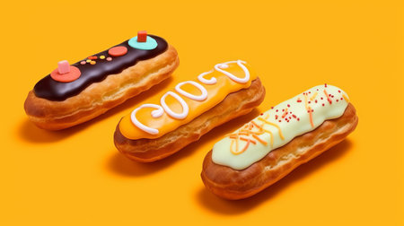 Eclair with filling and icing covered with berries. Cake in the form of a tube of choux pastry, covered with fondant, stuffed with custard. Delicious baked goods at the bakery. Genの素材