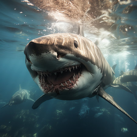The white shark swims in the ocean in search of food. Danger bite from predator in sea and ocean, dangerous toothy fish. generative aiの素材