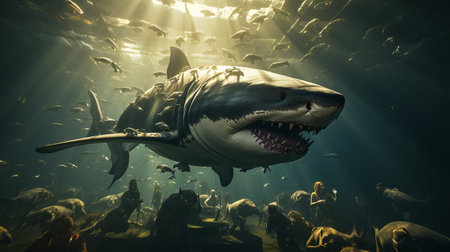 The white shark swims in the ocean in search of food. Danger bite from predator in sea and ocean, dangerous toothy fish. generative aiの素材