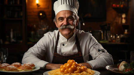 A professional chef in a chef's hat cooks in the kitchen, emotions of pleasure, bright kitchen, concept: the profession of a cook, cooking and food preparation training courses. geの素材