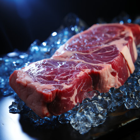 Large piece of beef meat, raw ingredient for steak. Prepared marinated meat for grill and oven. hearty food. background with spices. Place for text.の素材
