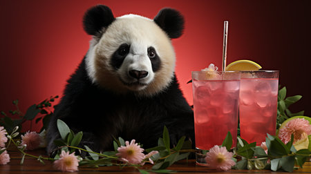 Panda with cold lemonade. Close-up of bamboo bear drinking mojito and iced tea, creative businessman animal, cafe and summer drinks advertising concept.の素材