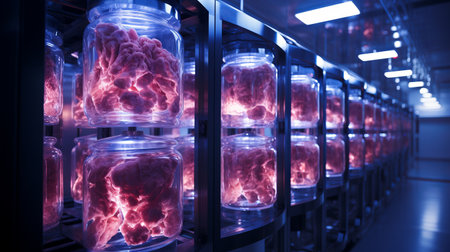Artificial meat is produced in the laboratory. Analysis of the composition of meat and test tubes with pieces of beef. Technology of growing food products from chicken and pork fibの素材