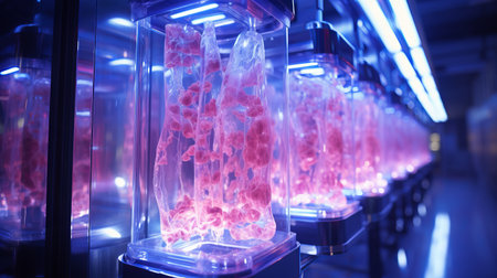 Artificial meat is produced in the laboratory. Analysis of the composition of meat and test tubes with pieces of beef. Technology of growing food products from chicken and pork fibの素材