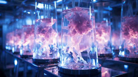 Artificial meat is produced in the laboratory. Analysis of the composition of meat and test tubes with pieces of beef. Technology of growing food products from chicken and pork fibの素材