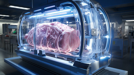Breeding and bioengineering of meat in the laboratory. An animal in the technology of growing food products from fibers and pork. Generative AI.の素材