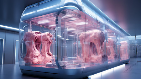 Breeding and bioengineering of meat in the laboratory. An animal in the technology of growing food products from fibers and pork. Generative AI.の素材