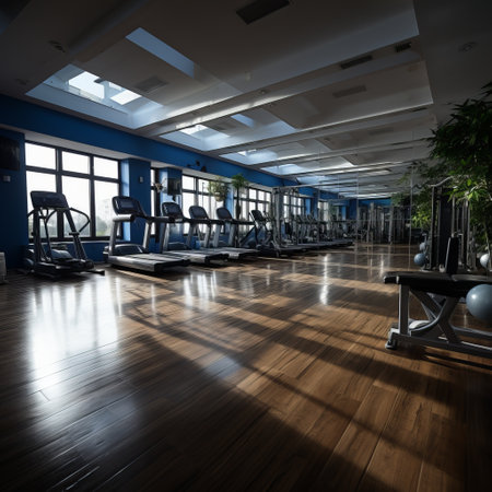 Gym with modern running and strength training equipment. Beautiful interior for sports and fitness. Fat burning cardio workouts.の素材