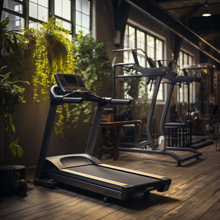 Gym with modern running and strength training equipment. Beautiful interior for sports and fitness. Fat burning cardio workouts.の素材