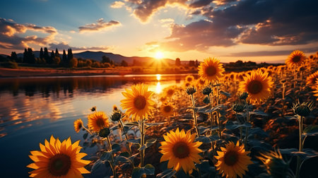 Glade with sunflowers painted with oil paints. Picture for postcards and designs. Beautiful landscape of Ukrainian fields. Generative AIの素材