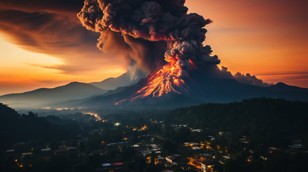 Volcanic activity, lava flow down the mountain. Frightening dangerous landscape. Generative AIの素材