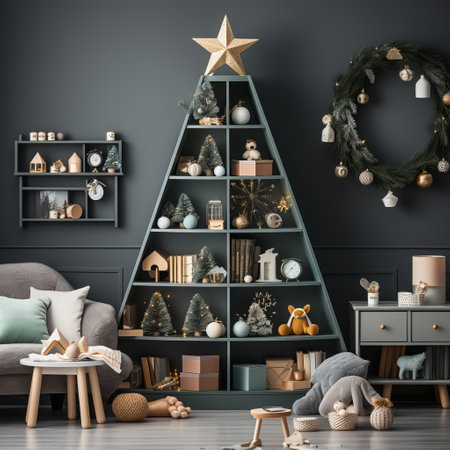 Christmas tree in the children's room. Decorated holiday tree in a bright interior. Decor for the festive new year. Generative AIの素材