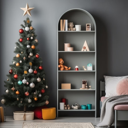 Christmas tree in the children's room. Decorated holiday tree in a bright interior. Decor for the festive new year. Generative AIの素材