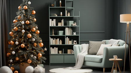 Christmas tree in the children's room. Decorated holiday tree in a bright interior. Decor for the festive new year. Generative AIの素材