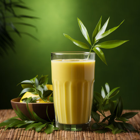 A glass of orange juice with a bamboo eco-straw on a green background, citrus lemonade, a healthy drink with a wooden straw for breakfast. Copy space, rich colors.の素材