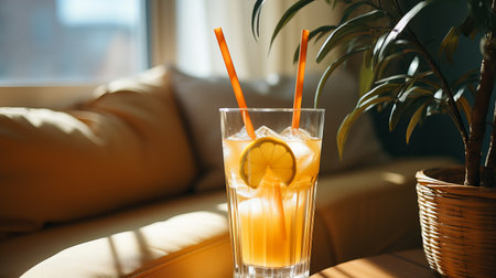 A glass of orange juice with a bamboo eco-straw on the background of a window and greenery, citrus lemonade, a healthy drink with a wooden straw for breakfast. copy spaceの素材