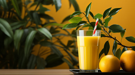 A glass of orange juice with a bamboo eco-straw on the background of a window and greenery, citrus lemonade, a healthy drink with a wooden straw for breakfast. copy spaceの素材