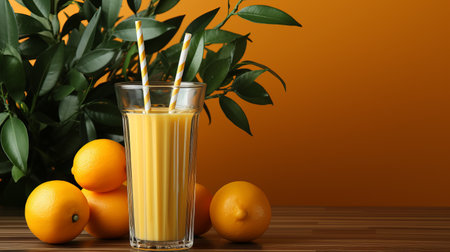 Orange juice with bamboo eco-straw on a bright background, citrus lemonade, a healthy drink with a wooden straw for breakfast. copy spaceの素材