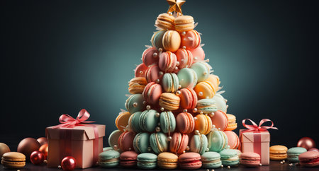 Christmas sweet tree made of macaroons, background of festive lights and gifts, macaroons lined with a mountain. Advertising and discounts of a confectionery. Christmas gifts and wの素材