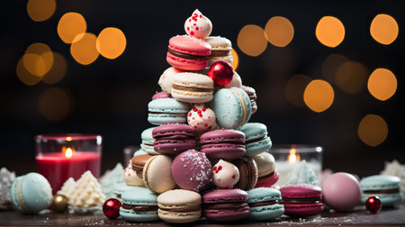 Christmas sweet tree made of macaroons, background of festive lights and gifts, macaroons lined with a mountain. Advertising and discounts of a confectionery. Christmas gifts and wの素材