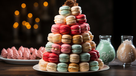 Christmas sweet tree made of macaroons, background of festive lights and gifts, macaroons lined with a mountain. Advertising and discounts of a confectionery. Christmas gifts and wの素材