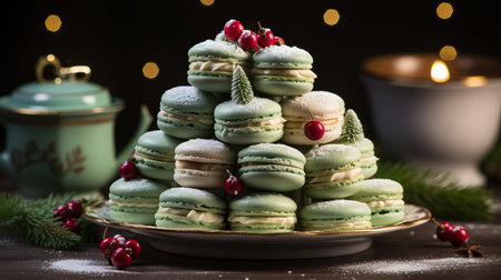 pistachio and mint macarons, holiday lights and gifts background, macaroons laid out on a dish. The concept of Christmas treats and winter holidays.の素材