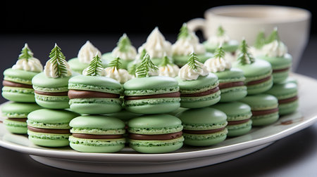 pistachio and mint macarons, holiday lights and gifts background, macaroons laid out on a dish. The concept of Christmas treats and winter holidays.の素材