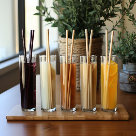 Ecological bamboo cocktail tubes for lemonades and drinks. Concept: Safe eco-friendly tableware without harm to the planet. Generative AIの素材